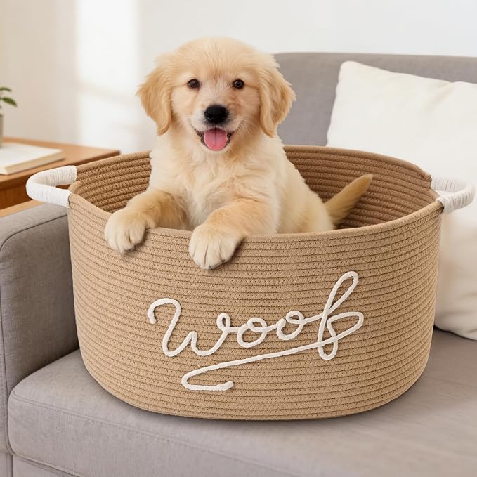 Woof Dog Toy Basket, Large Dog Toy Storage Bin with Durable Handles, Woven Dog Basket for Blankets, Toys, Chews, Pet Toy Storage Box for Nursery, Living Room, Bedroom, 17”x12”x9, Beige - Image 5