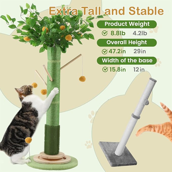 46" Tall Cat Scratching Post, Natural Sisal Cat Tree for Indoor Adult Cats | Vertical Cat Scratch Post for Body Stretching, Self-groomer Brush, Stable 3-layer Solid Wood Base, Interactive Ball Track Toy - Image 3