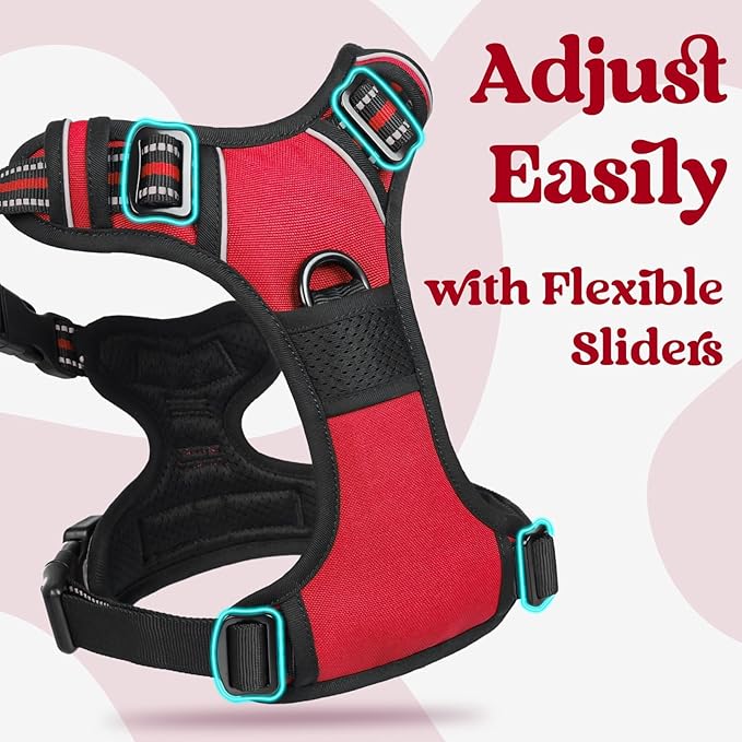 rabbitgoo Dog Harness Medium Sized, Updated Easy On & Off with 3 Buckles | No Pull No Choke, Walking with 2 Clips and Handle, Adjustable Soft Reflective, Red, Medium - Image 4
