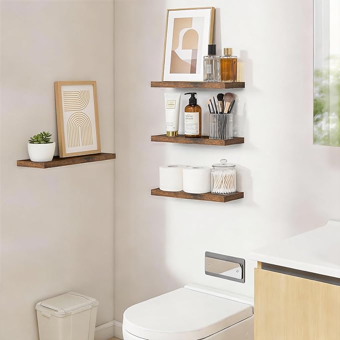 BAYKA Rustic Brown Floating Shelves 15.7in, Set of 4, Wall Mount Wood Shelf | Easy Install, 22lbs Max Load, Hidden Bracket, Hanging Shelf for Books Storage/Room Decor, Multi-Wall Compatible - Image 2