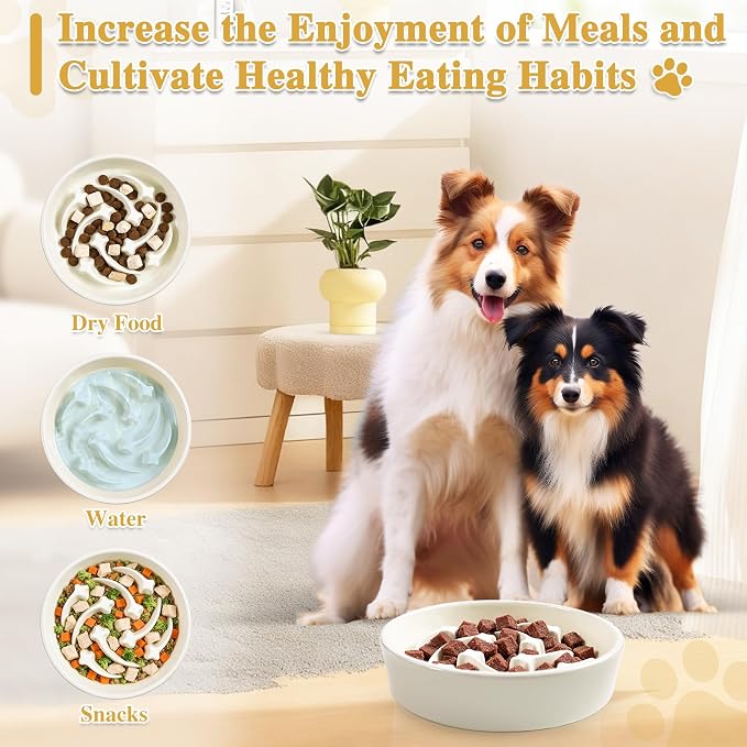 Ceramic Slow Feeder Dog Bowls,1.5 Cups Dog Food Dish for Medium&Large Breed | Puzzle Dog Food Bowl for Fast Eater, 28OZ, 8.15 inch(Beige) - Image 6