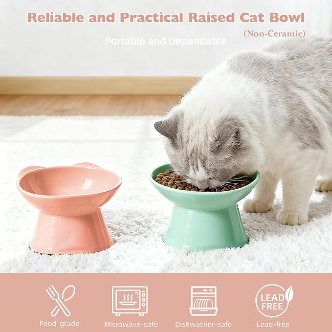 KSIA Klear Elevated Cat Bowls 2 Pack, Tilted Raised Cat Bowls for Indoor Cats, for Food and Water, 4.72" Wide, Whisker Friendly Anti Vomit for Indoor Cats, Microwave and Dishwasher Safe, Pink&Green - Image 2