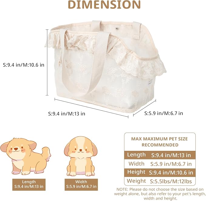 ONECUTE Dog Carrier for Small Dogs Rabbit cat with Lace Design, Cotton Bag, Dog Carrier Soft Sided, Collapsible Travel Puppy Carrier (Beige, 9.4" L x 5.9" W x 9.4" H) - Image 2