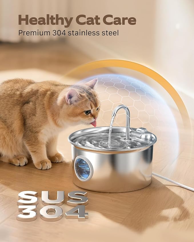 Pet Water Fountain Stainless Steel: Mental Cat Water Fountains with 8 Filters + 8 Sponges - 88oz/2.6L Noiseless Cats Waterer Bowl Dispenser - ATMZIQXR Kitten Drinking Fountains for Cats Indoor - Image 2