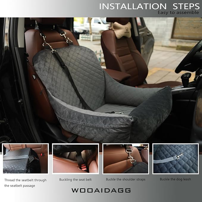 WOOAIDAGG Dog Car Seat,Fully Detachable and Washable Cover,Easy to Assemble,Comfy Cushion Fill in Memory Foam,2 Clip-On Safety Leashes and Storage Pockets (Grey) - Image 5