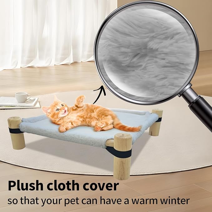 Pozico Cat Hammock Bed – Wooden Elevated Cat/Dog Bed with Plush Winter Fabric – Raised Pet Cot Furniture for Small Dogs, Cats & Small Animals – Warm Indoor Lounger – Portable & Washable - Image 3