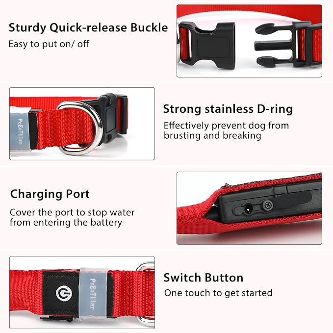 PcEoTllar Light up Dog Collar, Safe for Night Walking, Adjustable, Red, S | Colorful RGB Light, Waterproof, For Small Medium and Large Dogs, Durable Material, USB to Charge - Image 3
