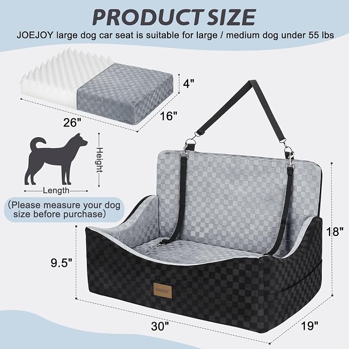 JOEJOY Dog Car Seat for Medium/Large Dogs - Reversible Dual-Sided Travel Dog Car Bed with Memory Foam, Washable Pet Booster Seat for Do gs up to 55 lbs or 2 Small Dogs, 2 Safety Leashes, Grey - Image 5