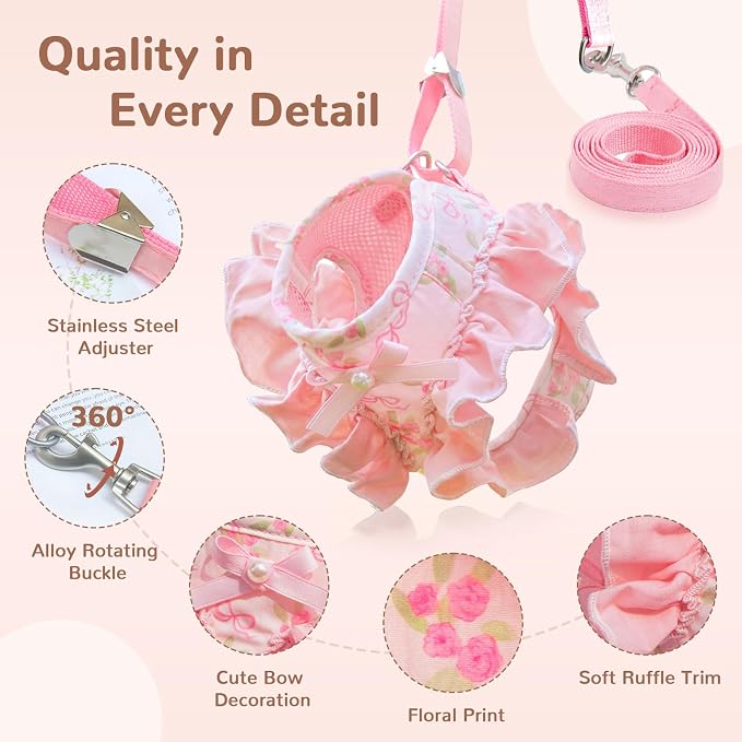 ABRRLO Small Dog Harness and Leash Set Soft Breathable Mesh No Pull Puppy Harness with Bowknot Adjustable Cute Pink Dog Vest Harnesses for Small Dogs Cats Girl Pet Harness for Walking Outdoor(Pink,S) - Image 4