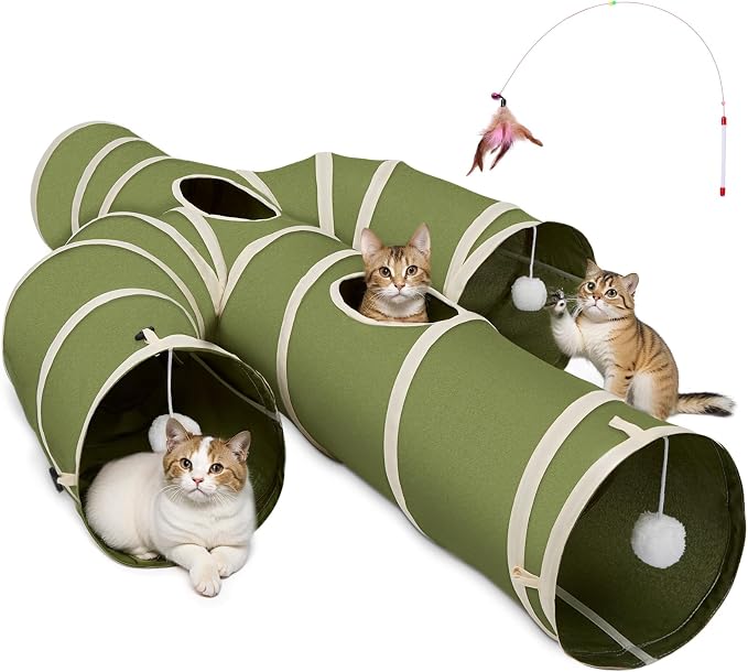 Ownpets Cactus Cat Tunnel 12" with Peek Holes for Indoor Large Cat, Green | Durable Oxford fabric, noise-free, foldable & connectable, multi-cat friendly, tube for cats up to 20lb, includes ball & wand by Ownpets