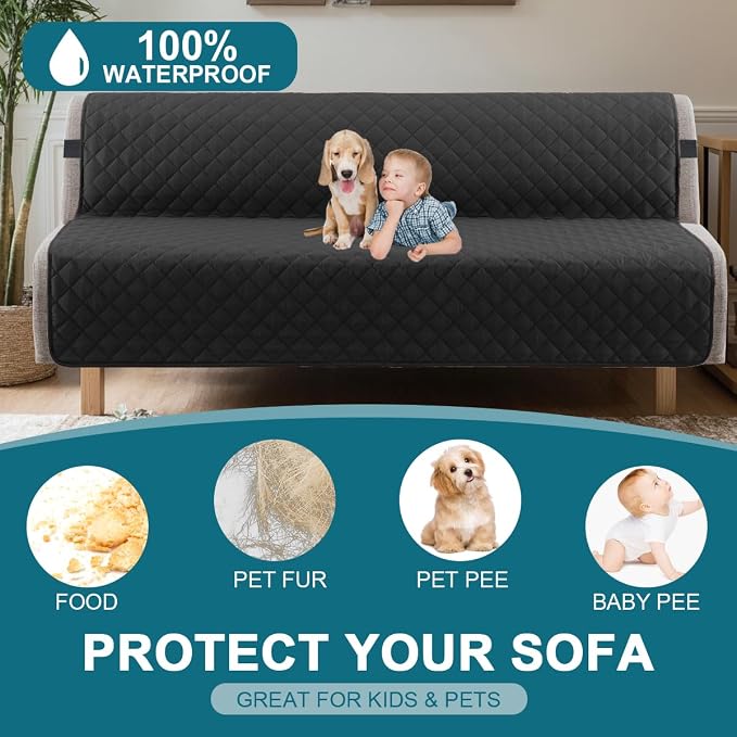 Turquoize 100% Waterproof Futon Cover Futon Slipcover Washable Armless Sofa Bed Slipcover Protector Seat Width Up to 70" with Adjustable Elastic Strap Anti-Slip for Dogs, Black - Image 2