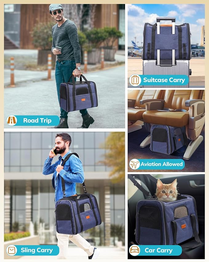 Morpilot Cat Carrier Soft for Large Medium Cats and Puppy up to 18lbs | with Dual-Sided Cushion, Secure Buckle and Foldable Bowl, Dog Carriers for Small Dogs - Pet Carrier (Dark Blue) - Image 6