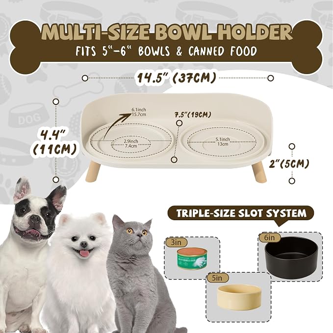 Raised Dog Feeder Bowl Stand (Without Bowls), Fits Dish up to Φ 6" | Spill Proof Elevated Dog Food Stand, Double 3 Diameters Pet Food Holder for Small and Medium Breeds and Cats, White - Image 2