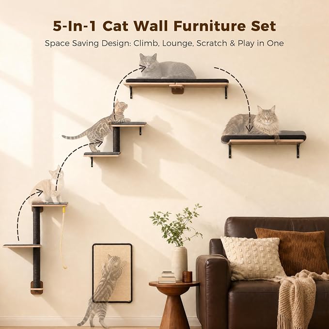 PAWZ Road Cat Wall Shelves, Modern Cat Wall Furniture with Sisal Posts | 5-in-1 wall mounted cat tree ,wood cat shelves with long perch,cat wall climber holds up to 40lbs for large indoor cats - Image 2