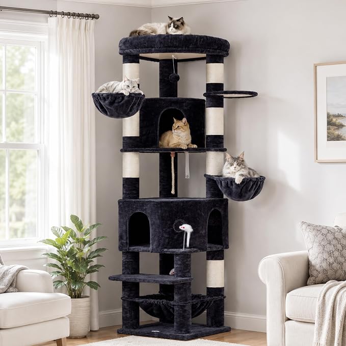 Cat Tree, 81.1" Skyward Corner Cat Tower for Large Cats VCT031G | Space-Smart Cat Furniture with Diamond Hideout, Grand Platform, Firm Base, 3 Soft Hammock & Pet Relax Station, Dark Gray - Image 9