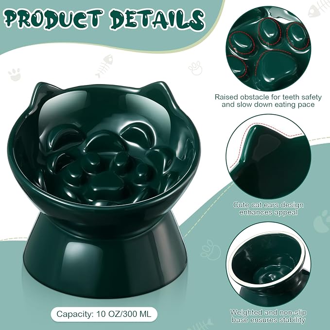Funnymoom 2 Pcs Ceramic Raised Slow Feeder Cat Bowl, 5.91inch Elevated Cat Slow Feeder Bowl Tilted Anti Vomiting for Dry Wet Food and Water Easy to Clean High Edge(Dark Green) - Image 3