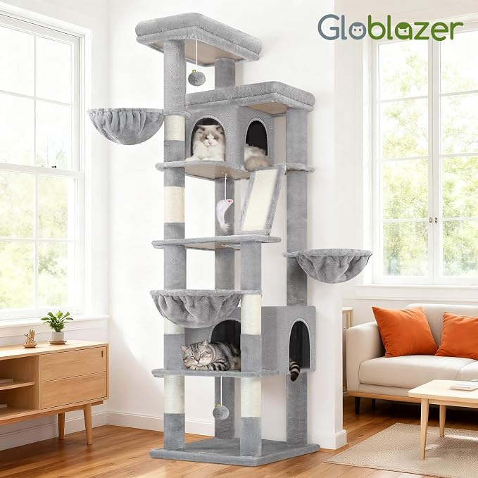 Globlazer 80in Extra Large Tall Corner Cat Tree Tower, S80G, Light Grey | Multi-Level Cat Condo for Multiple Indoor Cats Large Adult Kittens, Scratching Posts, Widened Perches, Adjustable Baskets - Image 7