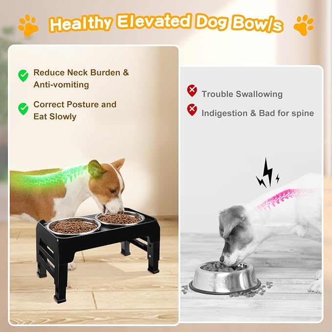 COMESOON Elevated Dog Bowls for Small Medium Dogs, 3 Height Adjustable Raised Stand with 2 Thick 6" Stainless Steel Food Bowls, Non-Slip Feeder Adjusts to 2.75", 6", 7.5", Black - Image 4