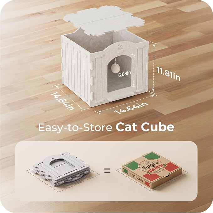 Cat Bed Cave for Indoor Cats: New Felt Cat Bed with Fluffy Ball, Foldable Cat House with Scratch-Resistant Board, Hideaway Cat Cave for Timid Cats, Sturdy Two-Tier Cat Condo & Cat Houses - Image 7