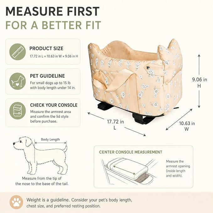 Center Console Dog Car Seat Safe Travel for Small Dogs Under 15 lbs | Detachable Washable Pet Carrier with Storage Pockets & Safety Leash,Apricot - Image 4
