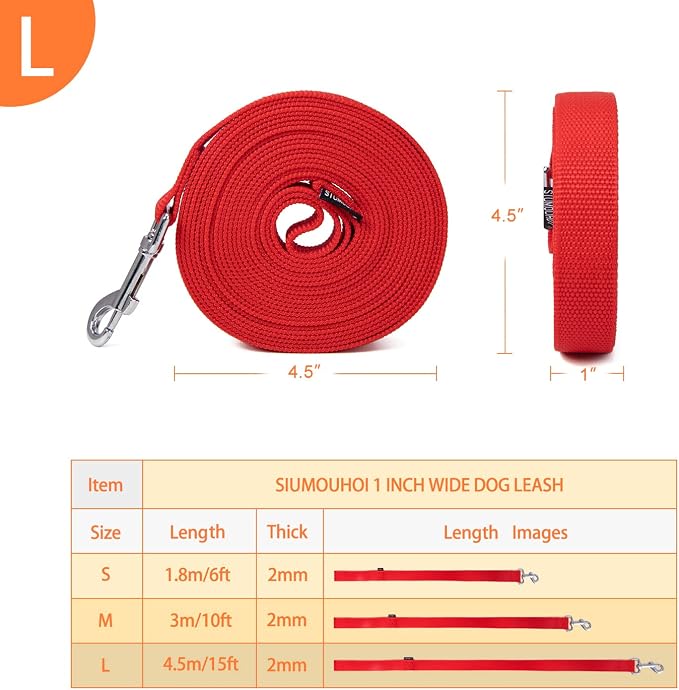 Strong Durable Nylon Dog Training Leash, 1 Inch Wide Traction Rope, 6 ft 10ft 15ft Long, for Small and Medium Dog (Red, 15 Feet) - Image 2