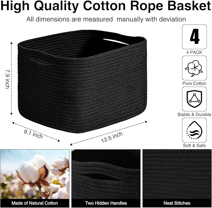 ICERZCZ Black Storage Baskets for Shelves, Small Storage Baskets for Organizing, Woven Cotton Rope Baskets for Storage, Book Basket, Decorative Shelf Basket, 12.5"Lx9.1''Wx7.9''H (4 Packs) Black - Image 3