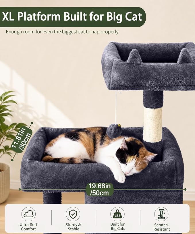 68 Inch Heavy Duty Cat Tree Tower for Indoor Cats Large Adult | Cat Tower with 2 Condos, Sisal Scratching Posts, Plush Platform & Hammock, Extra Stable Big Cat Furniture, Dark Grey - Image 3