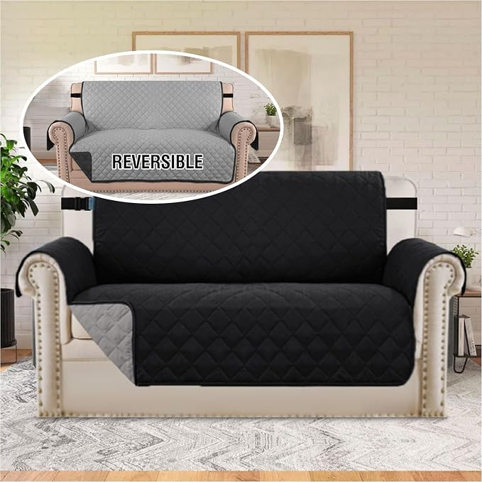 H.VERSAILTEX Reversible Quilted Loveseat Cover Water Resistant Loveseat Slipcover Washable Couch Cover with Non Slip Elastic Strap Furniture Protector for Kids(Oversized Loveseat, Black/Grey) - Image 3