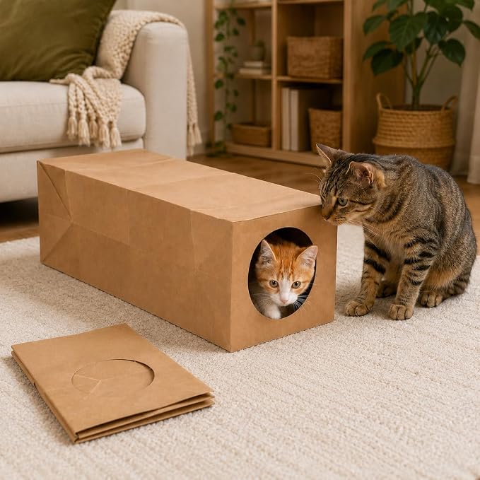 JO! Collapsible Paper Cat Tunnel, Crinkle Hideaway Toy for Indoor Cats | 100% paper, 24.4 x 10.6 x 8.7 in, Brown, Roomy for adult cats, For hiding, pouncing and hide-and-seek play - Image 8