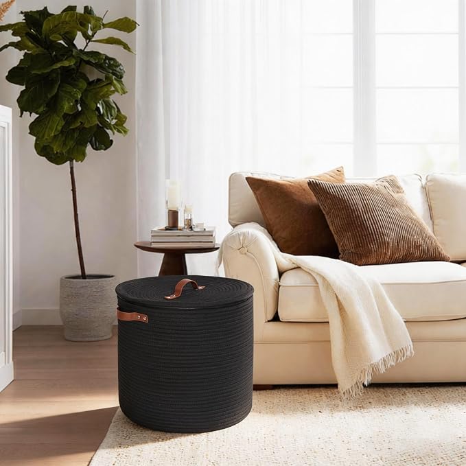 Storage Basket with Lid, 15"x13" Round Woven Blanket Storage for Living Room, Decorative Cotton Rope Hamper with Zipper Top, Black Laundry Basket with Lid, Floor Covered Kids Dog Toy Bin Box - Image 6