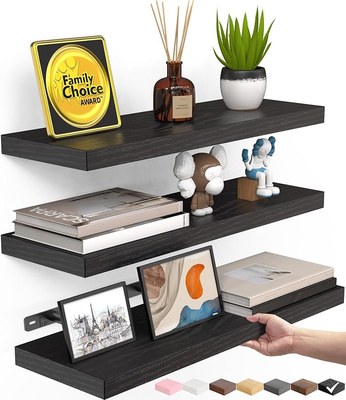 BAYKA Floating Shelves for Wall, Wall Mounted Rustic Wood Shelves for Bathroom, Bedroom, Living Room, Kitchen, Hanging Shelf for Books/Storage/Room Decor with 22lbs Capacity (Black, Set of 3, 15.7in) | Easy Install, Space Saving, Hidden Bracket, Wall S... by Bayka