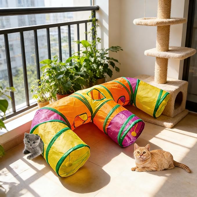 3 Way Collapsible Cat Tunnels with Interactive Ball, E Shape Folded Pet Tube Toy for Indoor Cats, Puppy, Kitty, Kitten, Rabbit - Image 9