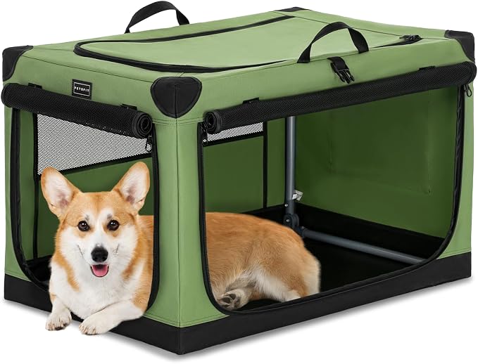 PETSFIT 30" Soft Portable Dog Crate – Patented Spiral Sturdy Frame, Collapsible Travel Kennel for Medium Dogs, 3 Mesh Door, Lockable Zippers, Indoor & Car Use Green by Petsfit
