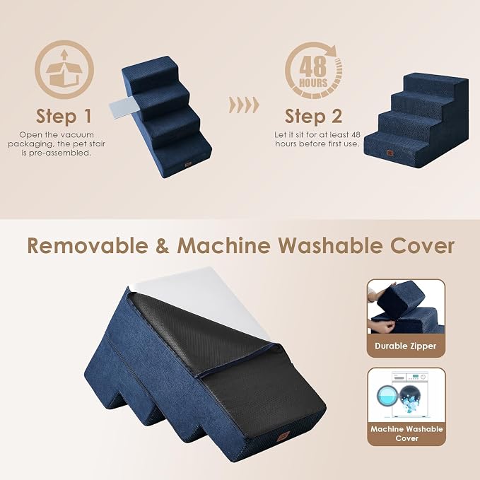EHEYCIGA Dog Stairs for Bed 20" H, 4-Step Extra Wide Dog Steps, Navy | Pet Steps for Small Dogs and Cats for High Bed, Non-Slip Balanced Pet Ramp Indoor - Image 7