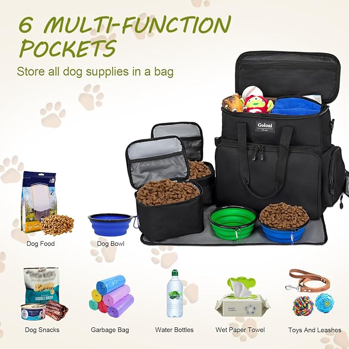 Dog Travel Bag Airline Approved–Pet Travel Tote with Collapsible Bowls,Food Containers & Feeding Mat–Multi-Pocket Organizer for Dogs & Cats, Durable & Water-Resistant for Hiking,Trips,Outdoors - Image 4