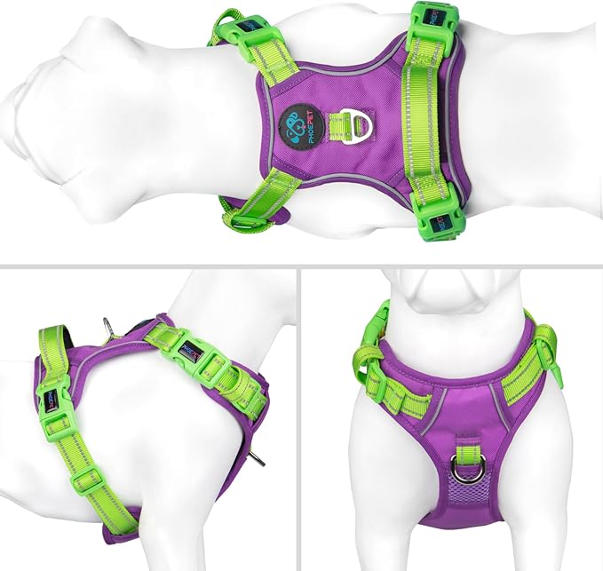 No Pull Dog Harness, Unique Colors Reflective Adjustable Dog Vest, with Soft Training Handle Metal Clips for Small Medium Large Dogs (Purple Base & Green Straps,L) | with Soft Training Handle Metal Clips for Small Medium Large Dogs (Purple Base & Green... - Image 2