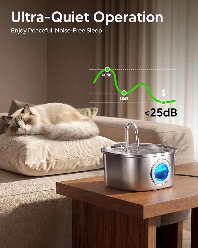 PEKTACO Stainless Steel Cat Water Fountain, 3.2L/108oz with 6 Filters | Cat water dispenser, dishwasher safe, with triple filtration, quiet pump, and visible water window for cats and small pets - Image 6