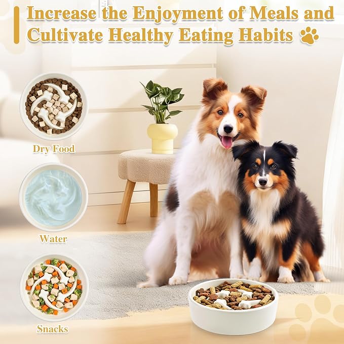 Ceramic Slow Feeder Dog Bowls, 0.6 Cups Dog Food Dish for Small Breed | Puzzle Dog Food Bowl for Fast Eater, 15OZ, 6.3 inch (Beige) - Image 6