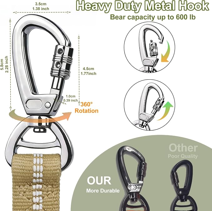 Dog Leash Heavy Duty, Bungee Leash Reflective Car Seat Belt for Dogs Khaki | 4-6FT Strong Shock Absorbing Tactical with 2 Padded Handles, Dog Tug Lead for L XL Dogs Walking Running Training - Image 2