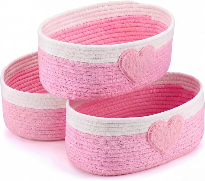Geelin 3 Pcs Pink Heart Baskets for Gifts, Woven Rope Storage Bins | Rope Design with Heart Decor, Great for Bedroom Shelf Organizing, Nursery Toys, Laundry, Oval 11.8"x7.8"x4.7" by Geelin