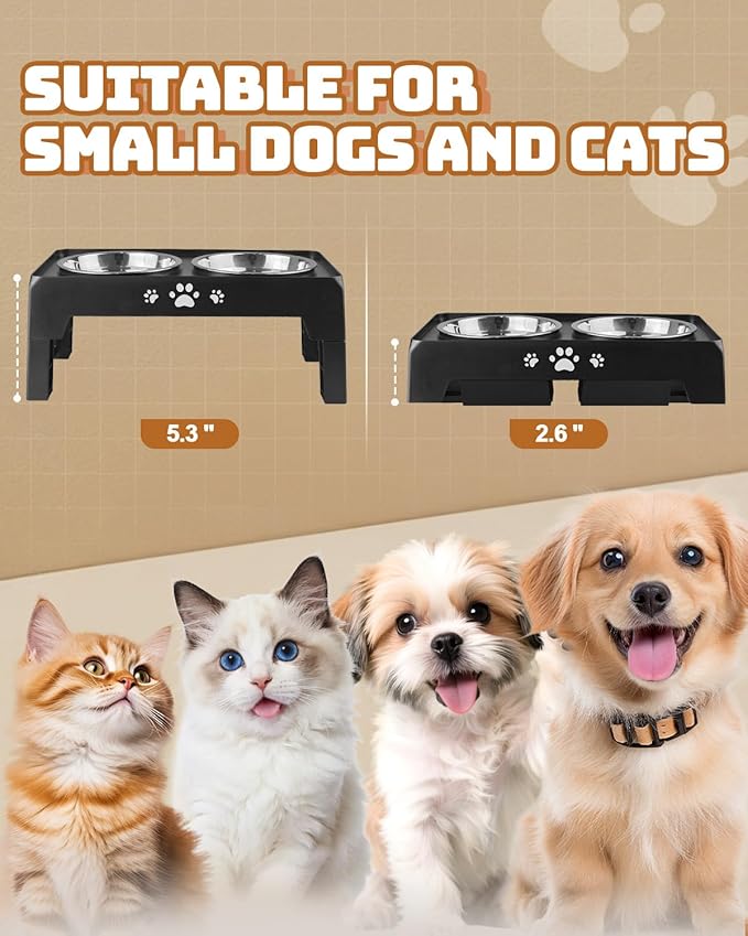 Jovrun Elevated Dog Bowls for Small Dogs and Cats, Non-Slip Cat Bowls with 2 Thick 5.5" Stainless Steel Dishes, Dog Feeder 2 Heights Adjustable to 2.6"-5.3" - Image 2