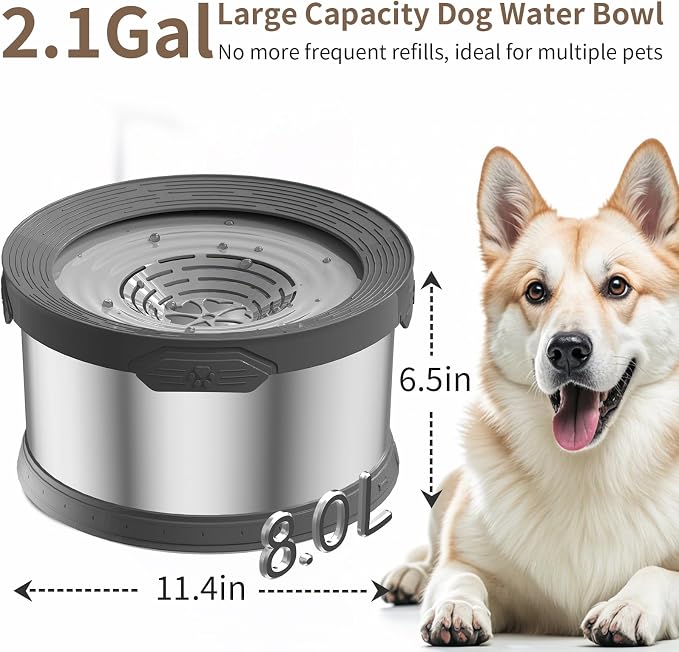 8L Dog Water Bowl No Spill 2.1 Gallon Stainless Steel Water Bowl for Dogs 270oz Large Capacity No Splash Slow Drinking Feeder with Anti-Slip Mat for Messy Drinkers - Image 2