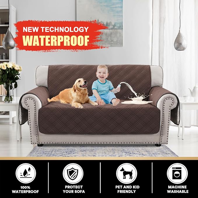PrinceDeco 100% Waterproof Loveseat Covers for 2 Cushion Couch Sofa Covers Waterproof and Washable Sofa Slipcover with Side Pocket Furniture Protector with Elastic Straps(Loveseat 48", Brown) - Image 2