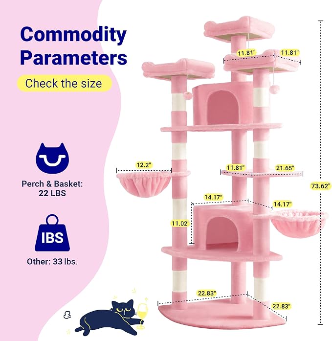 Allewie 73in Fan-Shaped Space-Saving Corner Cat Tower/Multi-Level Tall Cat Tree for Indoor Kitties/Cozy Baskets/Condos/House/Perches/Sisal Scratching Posts/Pet Activity Center/Pink - Image 7