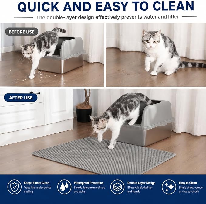 Cat Litter Mat 24 x 18 Inch, Double-Layer Honeycomb Litter Trapping Mat with Waterproof Leatherette Bottom, Urine-Resistant, Non-Slip, Easy to Clean, Gray - Image 4