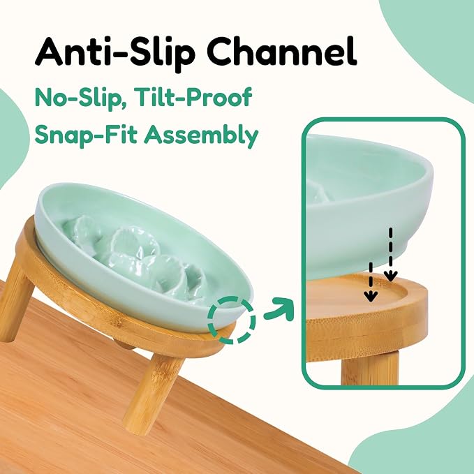 Slow Feeder Bowl, 6.3″ Elevated Cat Bowl with Stand, Melamine Wide Shallow Food Bowl, Whisker-Friendly Raised Plate, Wet Food Feeder for Slow Eating (Green) - Image 5