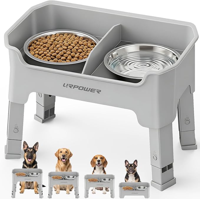 URPOWER Mess Proof Elevated Dog Bowls, Splash Guard Raised Bowl Stand | 4 Adjustable Heights, 2 Stainless Steel Bowls, Food & Water Separation, Foldable Design Non-Slip for Small Medium Large Dogs by URPOWER