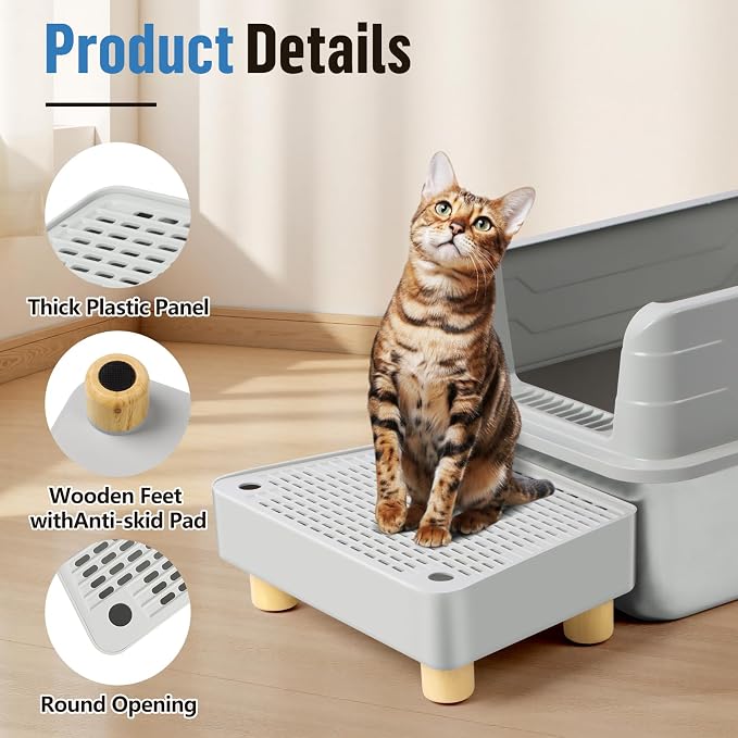 Extra Large Cat Litter Box Step Ramp, Cat's Litter Catcher Mat with Wooden Feet, Filter Function, Pedal Stool for Self-Cleaning Cat Litter Box, Ideal for Kitten & Elderly Cats (Light Grey) - Image 4