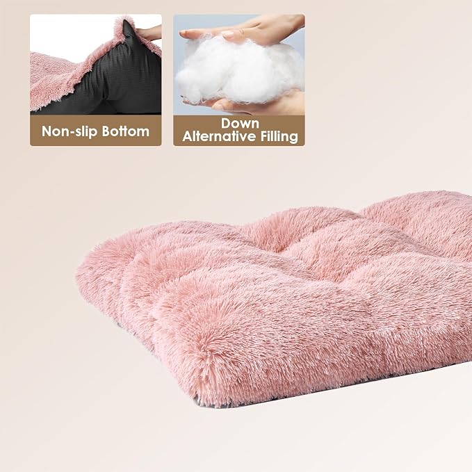 EHEYCIGA Fluffy Dog Crate Bed, Plush Extra Large Plus Dog Pillow, Pink | Xlarge Calming Anti Anxiety Plush Faux Fur Mat for Large size dogs, Washable Soft Warm Plus Dog Pad with Non-Slip Bottom - Image 3