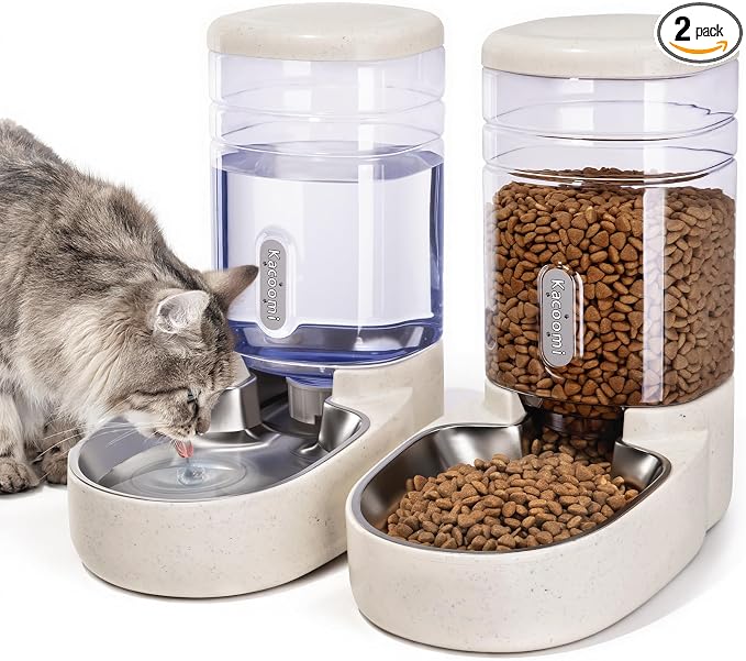 Automatic Cat Feeder and Water Dispenser with Stainless Steel Bowl Gravity Food Feeder and Waterer Set for Small Medium Dog Puppy Kitten 1 Gallon x 2(Beige) by Kacoomi